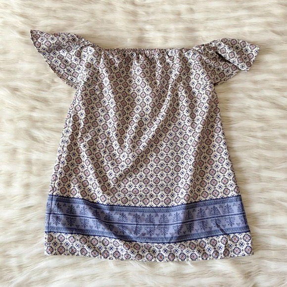 Forever 21 Preppy Cream Blue Paisley Off Shoulder Dress Sz XS - Picture 9 of 9